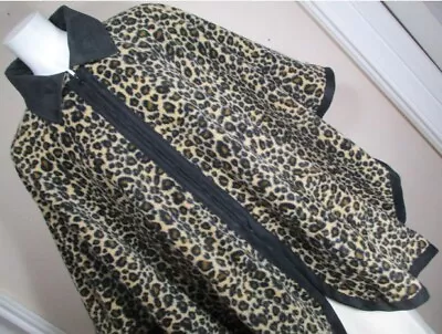 LE MODA Blac/Brwn/Tan Leopard Prnt Furry POLY Zip PONCHO W/faux SUEDE Trim OSFA • $9.99