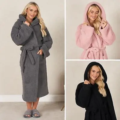 Teddy Fleece Long Dressing Gown Ladies Warm House Coat Hooded Long Cosy Robe • £14.99