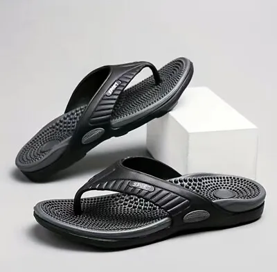 Men Sandals Flip Flops Size 9 Massage Reflexology Indoor Outdoor Beach Black  • $18.79