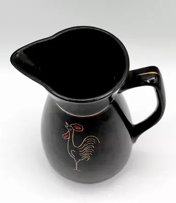 Vintage Black Redware Pottery Pitcher Hand Painted Rooster Farmhouse Mid Century • $10.80