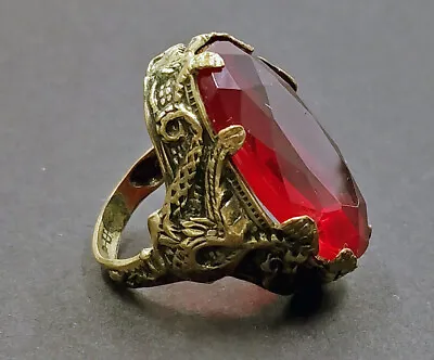 Antique Vintage Brass Gryphon Griffin Dragon Red Glass Marked Uncas Ring Size 4 • $150