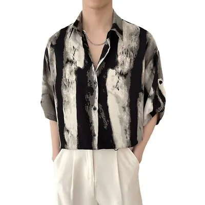 Summer Men's Loose Ice-Silk Shirt Tops Vintage Ink Printed Short Sleeve Shirt • $26.96