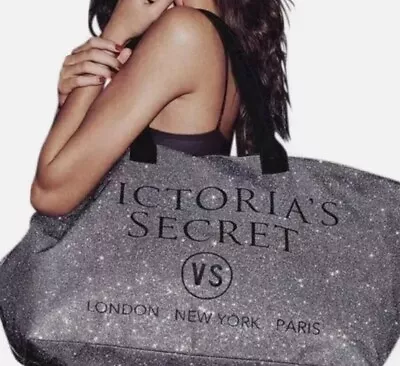Victoria’s Secret Large Tote Bag Black & Silver Glitter Metallic Travel Bag • $35