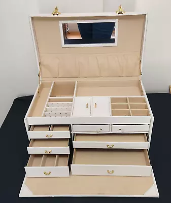 Morelle & Co Leather Domed 3 Layer 7 Drawer White Jewelry Box Brass Locks Handle • $132.80