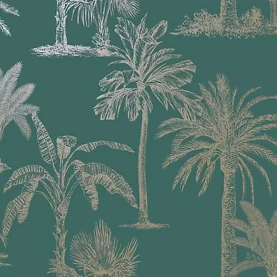 Gold Teal Tropical Wallpaper Holden Exotic Glistening Palm Trees Metallic Green • £9.89