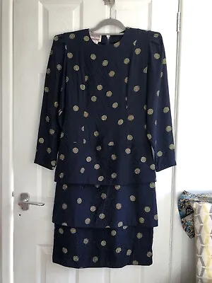 Vintage Maggy London Jeannene Booher 100% Silk Dress Size UK 10 Gold Coin Print • £20