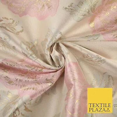 Light Pink Oversized Floral  Metallic Gold Brocade Jacquard Dress Fabric 8207 • £1.50