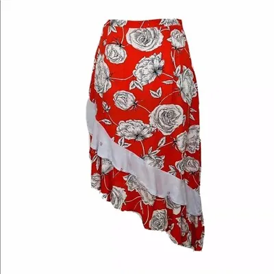 Jaase Aysmmetrical Floral Midi Skirt Medium Red Multi Ruffle Lightweight Zip • $25.98