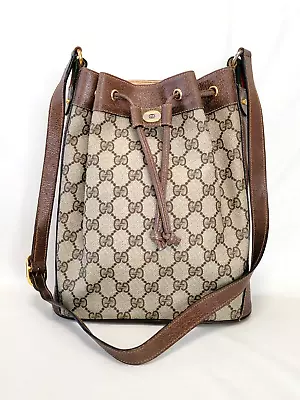 GUCCI Shoulder Bag Drawstring Bucket GG Sherry Line Vintage PVC Leather Brown • $399.99