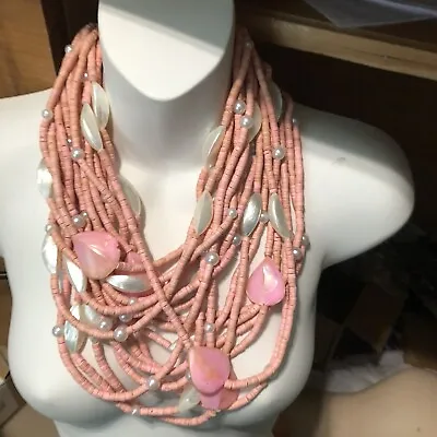 Monies Gerda Lynggaard Shell Pearl Bib Huge Runway Necklace Pinky Peach 80s • $799