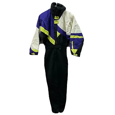 Vintage 80s 90s Roffe One Piece Ski Suit Black Purple Neon White Stirrups Sz 6 • $55.99