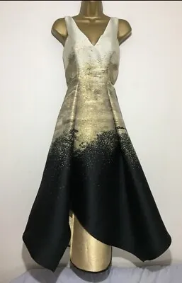 £75 • Buy Stunning Coast Black Gold Cream Jacquard Fit Flare Dress Midi Size 16