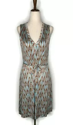 Milly New York Silk Sundress Sheath Bamboo Blue Brown Tie Waist Size Medium EUC • $42.40