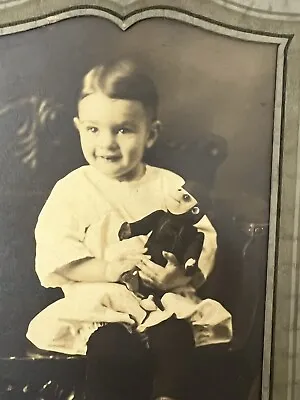 Antique Cabinet Card Photo Young Child Holding A Folk Art Monkey Doll • $11.99