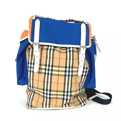 BURBERRY 4078448 Bag Check Backpack Leather/Canvas Beige/Orange X Blue • $1360