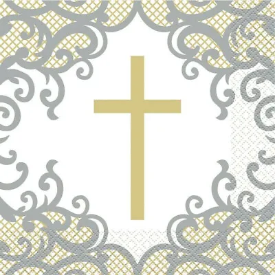 Pack 16 First Holy Communion Confirmation Gold Silver Cross Paper Napkins Party • £4.40
