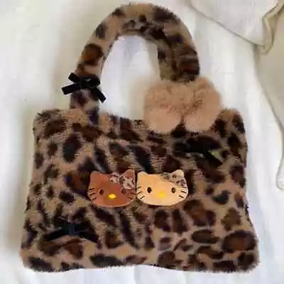 Hello Kitty Leopard Print Handbag Retro Women Cute Soft Plush Shoulder Bag Tote • $41.79