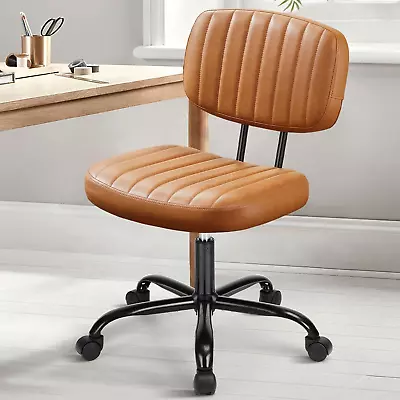 Armless Office Chair Brown PU Leather Small Desk Chair Height Adjustable Stylish • $55.55