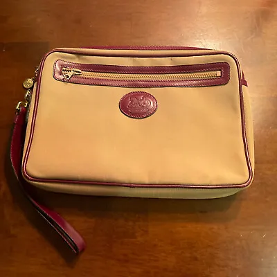 Celine Tan Brown Maroon Vintage Canvas Leather Clutch With Strap EUC • $125