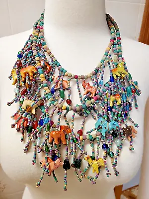 19  Wood Ethnic Necklace Three Layer Wood & Glass & Carved Animal Beads • $38
