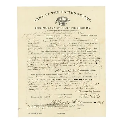 $140 • Buy 1862 Civil War Discharge — 10th Massachusetts —Signed By General Innis N. Palmer