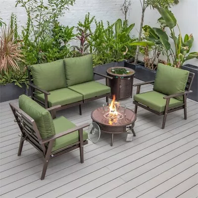 LeisureMod Walbrooke Brown Aluminum Patio Sofa Set Round Fire Pit Green • $3260.78