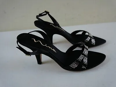 NINA Women's 9M Black Sexy Strappy Peep Toe High Heel Rhinestone Shoes NEW • $24.99