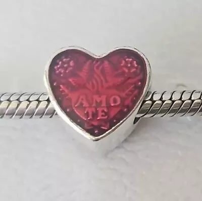 Genuine Pandora Bracelet Charm - Silver & Red Amo Te Latin Love Heart S925 ALE • £3.20