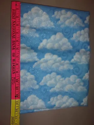 Vintage White Glittery Clouds On Blue Cotton Quilting/sew/craft Fabric  1 Ydx45 • $4.99