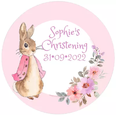£3.95 • Buy 48 Personalised Christening Baptism Stickers FLOPSY BUNNY  40mm Labels