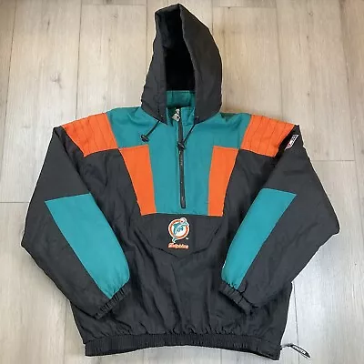 VTG 90's Starter  Miami Dolphins Quilted Hooded 1/2 Zip Pullover Jacket Men's XL • $112.99