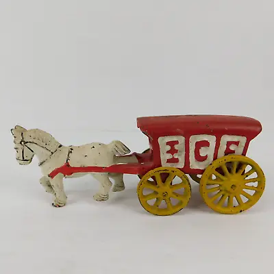 Vintage Cast Iron Horse Drawn ICE Wagon Carriage Original 7.5  Moving Wheels MCM • $24.95