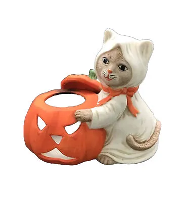 Vtg Ceramic Ghost Kitten Cat And Pumpkin Jack O Lantern Halloween Painted • $22