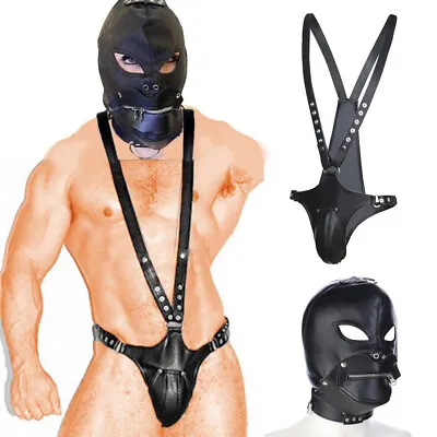 Male PU Leather Bondage Body Harness Strap Belt Suspenders Braces Head Hood BDSM • £19.98