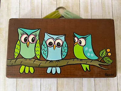 Vintage Painting On Wood Wall Plaque Folk Art Owl Family Signed Glenda 1970s 70s • $48