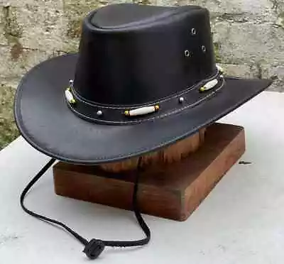 Australian Bush Hat Black Leather Cowboy Western Outback Style With Chinstrap • £17.95