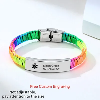 Rainbow Personalized Medical Alert ID Bracelet Braided Wristband Free Engraved • $5.99