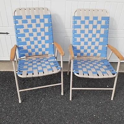 2 Matching Vinyl Webbed Folding Lawn Chairs Blue Gray Wood Armrest Camp Beach • $70.03