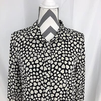 J. Crew Black Beige Heart Print Long Sleeves Button Up Silk Shirt Blouse 8 • $20.07