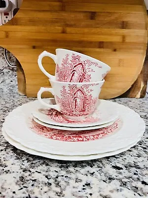 Vintage English Abbey 2 Dinner Plates 2 Tea Cups 2 Saucers Red Transferware • $35.96