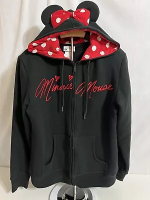 Disney Parks Minnie Mouse Jacket Womens Large Black Full Zip Hoodie With Ears • £16.05