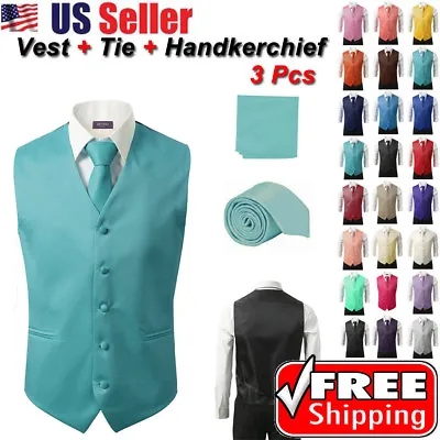 SET Vest Tie Hankie Fashion Men's Formal Dress Suit Slim Tuxedo Waistcoat Coat • $22.99
