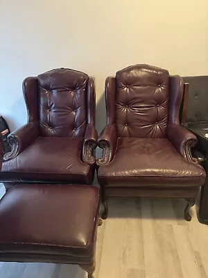 2 Chesterfield Vintage Wingback Armchairs W/Tufted Burgundy Leather W/stool • $450