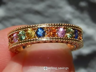 14k Yellow Gold 3.30 Tcw Multi Color Sapphire Milgrain Full Eternity Band Ring • $795