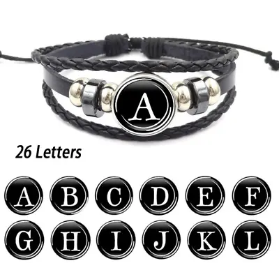 £3.79 • Buy 26 Alphabet Letter Men Women Ladies Wristband Adjustable Black Leather Bracelet