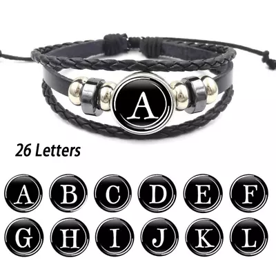 26 Alphabet Letter Men Women Ladies Wristband Adjustable Black Leather Bracelet • £3.79