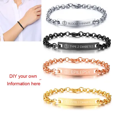 Women Medical Alert ID Bracelet Steel Bracelet Bangle Personalize Engraved Chain • $11.99