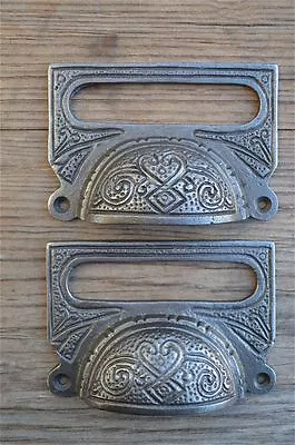 A Pair Of Large Edwardian Cast Iron Label Frame Handle Filing Drawer Pull Cb10 • £11.29