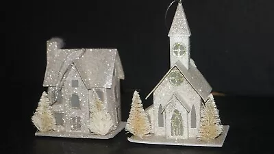 Putz Lighted Cardboard Glitter House & Church Christmas Tree Ornament HO Scale • $10