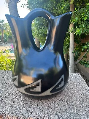 Vintage Native American Navajo Black Glazed Etched 8  Wedding Vase Dated 1993 • $85